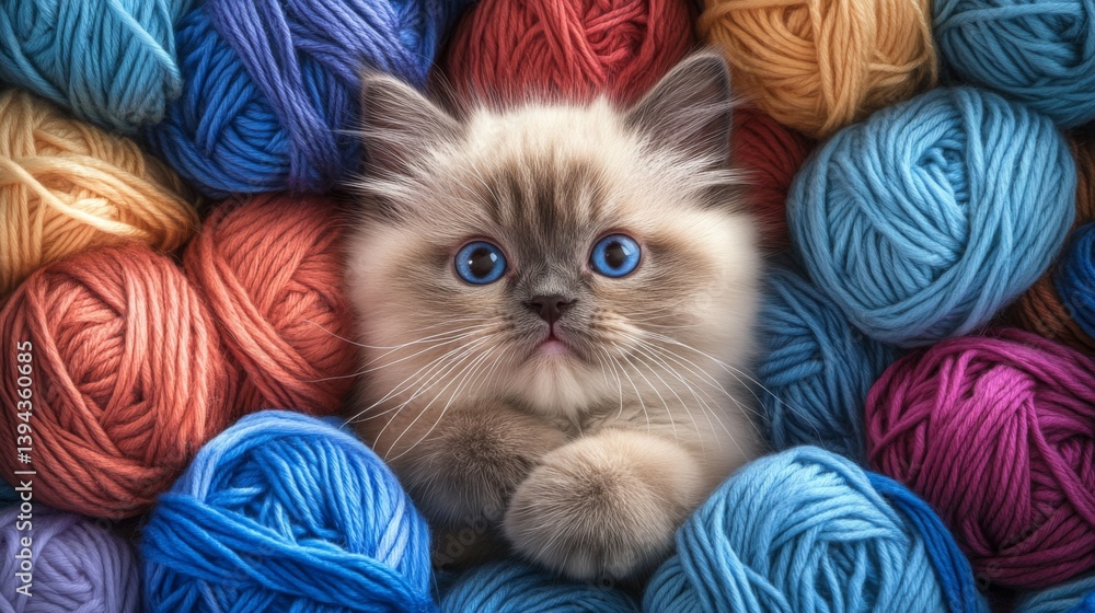 Poster a close-up of a round-faced cat with big, expressive eyes, nestled in a pile of colorful yarn, creat