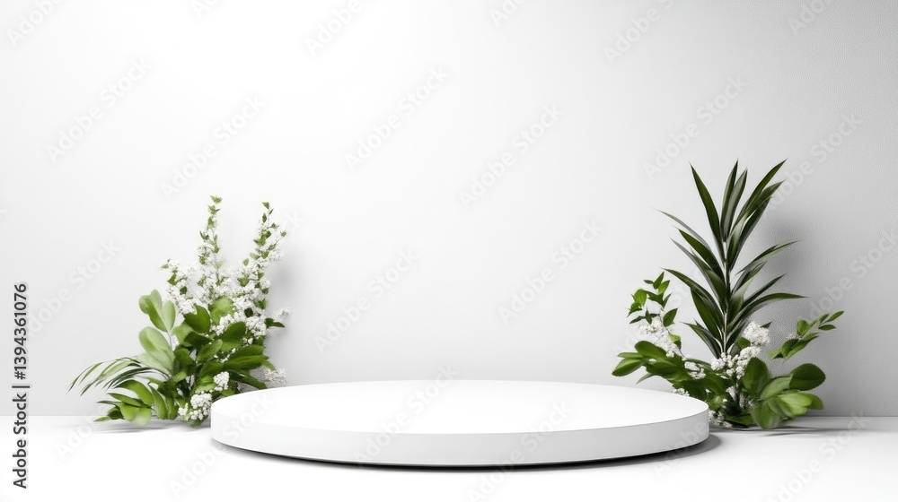 Aufkleber circular product display platform with greenery minimalist style high-resolution rendering center sh