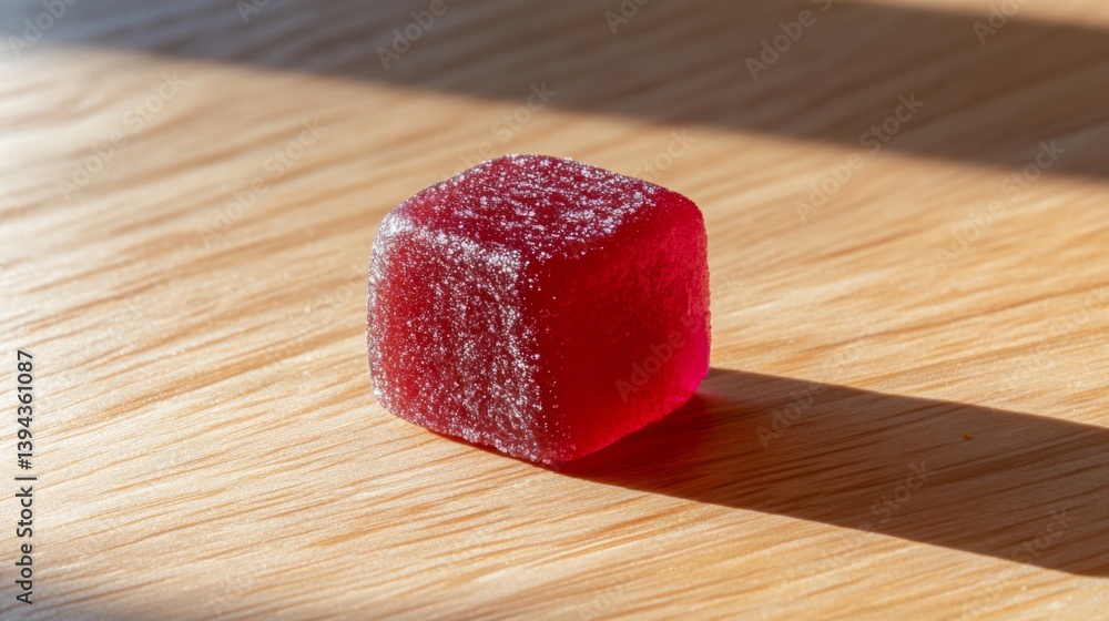 Poster a close-up of a single, gleaming piece of candy on a wooden surface, with natural light highlighting