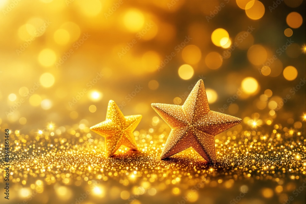 Poster golden glittery stars on sparkling surface with glowing bokeh lights in background.