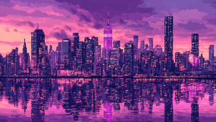 Fototapeta premium 8 bit pixel art of New York City skyline at dusk, reflecting on water. sky is painted in shades of purple and pink, creating nostalgic and serene atmosphere