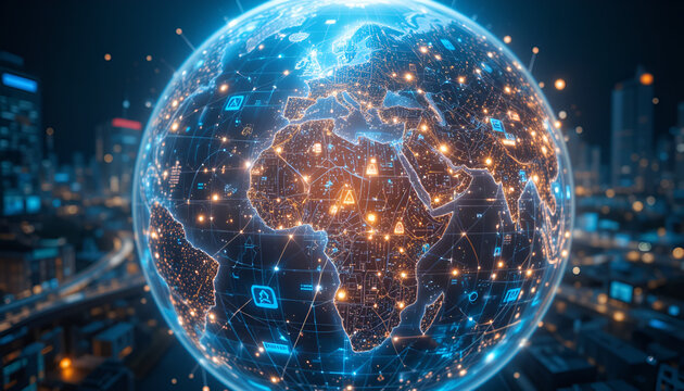 A holographic globe with pulsing talent clusters in major cities, connected by shimmering data highways showing real-time bidding wars for niche skills
