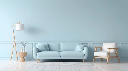 Interior of the room in plain monochrome pastel blue color with furniture and room accessories. Light background with copy space. Unique