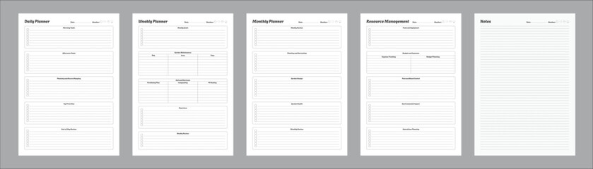 Generic Planning Pages and Planner Sheets Design Template for daily, weekly, and monthly organization for organizing daily routines and personal goals Set of 5 Pages