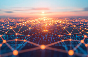 glowing network of connected dots and lines forms abstract digital landscape against sunset sky, symbolizing technology and communication