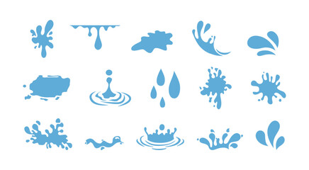Water splashes with falling drops vector illustration set. Splattering liquid with droplets 2d elements on transparent background.