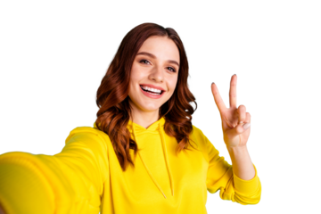 Photo of wavy cheerful cute nice charming fascinating millennial smiling toothily showing you v-sign taking selfie isolated over vivid turquoise color background