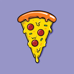 Cartoon Pepperoni Pizza Slice with Melting Cheese on Purple Background