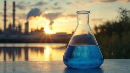 conical flask with blue liquid sits on table against sunset backdrop, with industrial chimneys in distance. scene evokes sense of scientific exploration