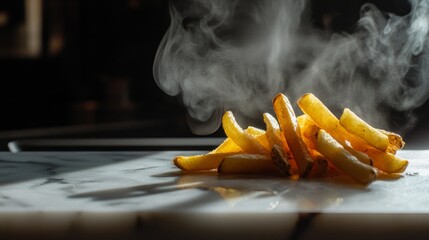 A close-up of freshly cooked French fries on a marble countertop, with steam rising and a drizzle of truffle oil, showcasing a luxurious take on a favorite snack.