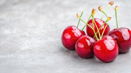 Fresh, juicy cherries, glistening with water droplets, clustered together on a gray surface