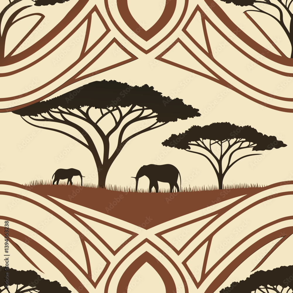 Poster vector seamless pattern of elephants and trees in earthy tones
