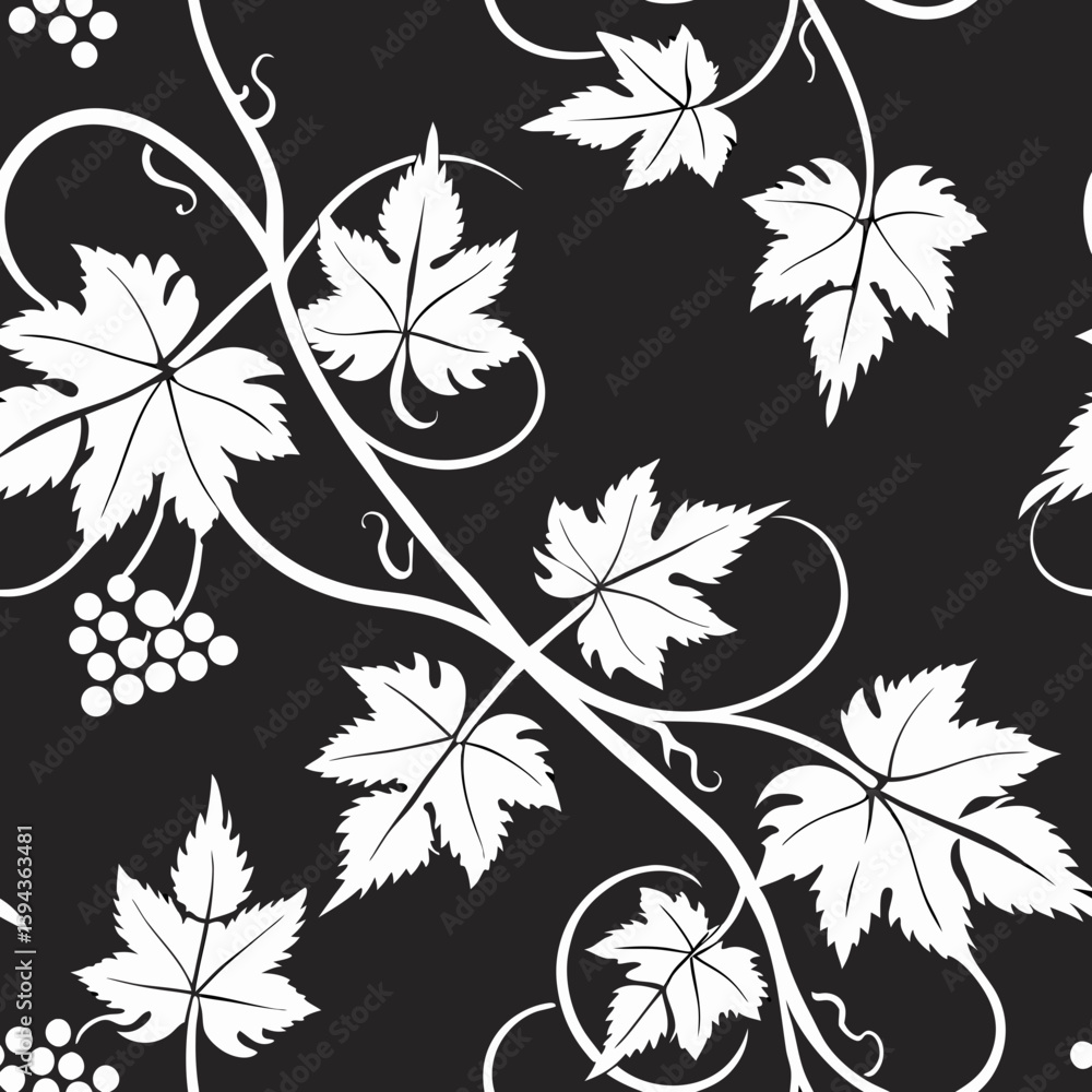 Poster seamless vector pattern of grapevines and leaves on black background