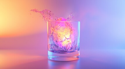 Colorful splash of water in a glass illuminated by vibrant lights in a creative setup