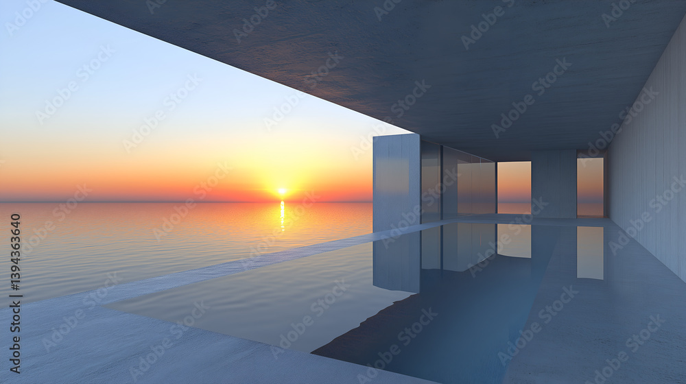 Poster a modern architectural view of a minimalist open space overlooking a serene sunset at sea. the desig