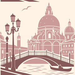 Vector seamless pattern of urban architecture with a bridge  