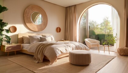 Minimalist bedroom interior with soft sunlight through curtains, arched mirror and round ottoman in warm beige tones creating calm ambiance. Generated image