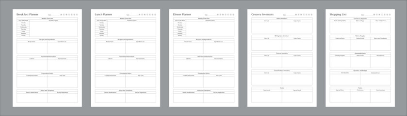 Comprehensive Meal Planning Sheets for Weekly, Monthly, and Daily Meal Prep, Grocery List Organization, Nutritional Tracking, and Healthy Eating Goals, Easy Printable Templates Set of 5 Pages