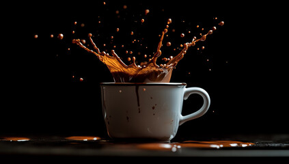 dramatic splash of coffee erupts from white cup against dark background, creating dynamic and energetic scene. droplets are suspended in mid air, capturing moment of motion