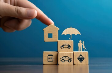 Protecting assets with insurance.  Wooden blocks represent home, car, family, and valuables, all under an umbrella of protection