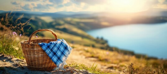 Wicker picnic basket resting on sandy path beside tranquil blue lake