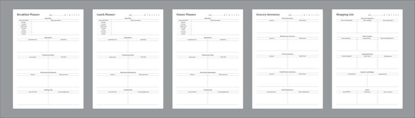 Comprehensive Meal Planning Sheets for Weekly, Monthly, and Daily Meal Prep, Grocery List Organization, Nutritional Tracking, and Healthy Eating Goals, Easy Printable Templates Set of 5 Pages