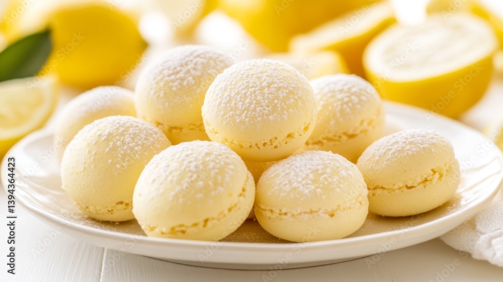 Poster a close-up of lemon-flavored macarons with a light dusting of powdered sugar, placed on a white plat