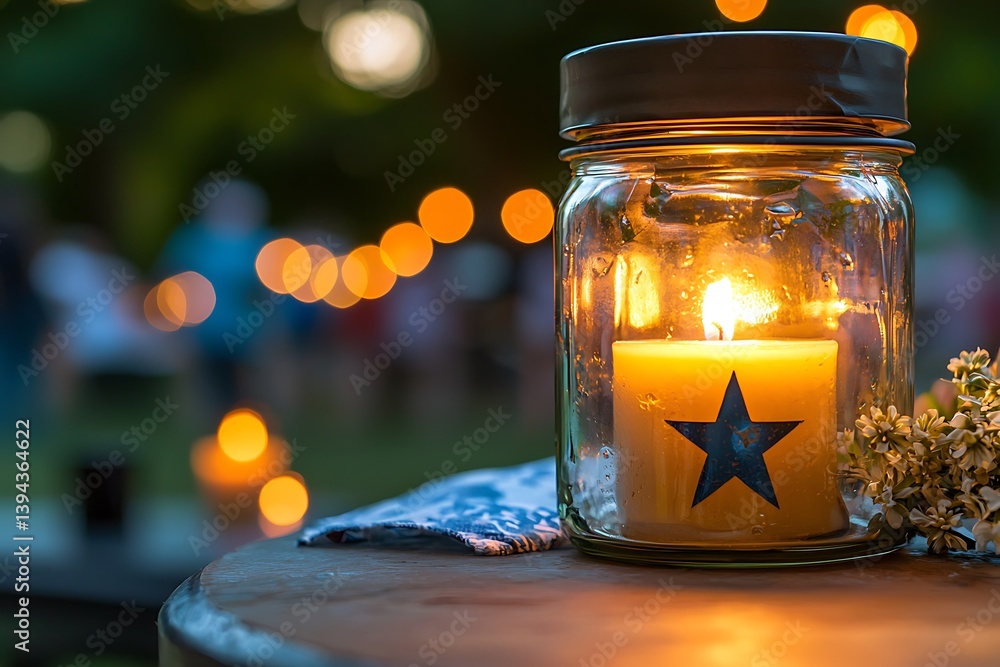 Aufkleber a lit candle inside a jar with string lights in the background