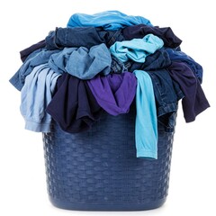 Clothes in laundry basket. Blue, indigo, purple. Colorful clothes in a laundry basket, on white background.