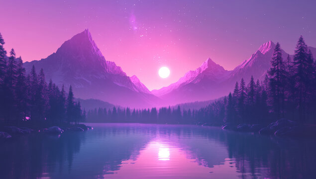 serene landscape with vibrant pink and purple sky reflects on calm lake, surrounded by silhouetted pine trees and majestic mountains under glowing moon