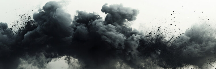dense cloud of black smoke or fog spreads across white background, creating abstract and dramatic visual effect. dark plumes appear to be in motion, adding sense of dynamic energy