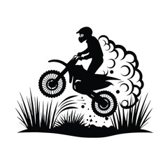 Motocross Rider Silhouette Jumping over Grass with Dust Clouds and Sparkling Dirt