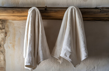 Two white towels hang on rustic wooden bar against textured wall, creating cozy and inviting atmosphere. natural wood and soft fabric add warmth to space