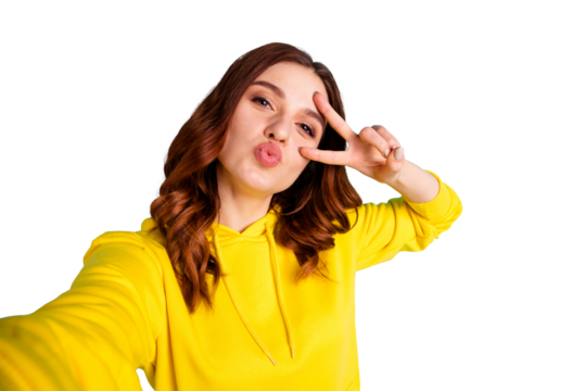 Photo of charming cute cheerful nice funky funny youngster taking selfie kissing you showing v-sign isolated over teal vibrant color background