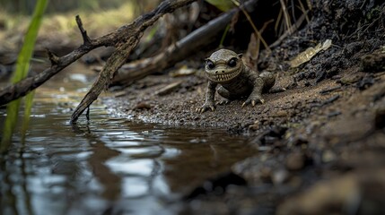 Obraz premium Creepy creature spotted by a stream rainforest wildlife photography close-up natural habitat fascinating lizard