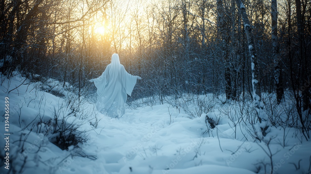 Poster ethereal ghostly figure wanders through snowy forest at sunset mysterious landscape enigmatic atmosp