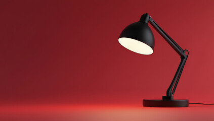 sleek black desk lamp is illuminated against vibrant red background, creating striking contrast. modern design and bold colors evoke sense of style and sophistication