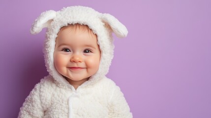 Portrait of a cute, smiling baby girl in a white sheep costume