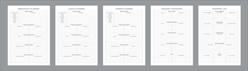 Comprehensive Meal Planning Sheets for Weekly, Monthly, and Daily Meal Prep, Grocery List Organization, Nutritional Tracking, and Healthy Eating Goals, Easy Printable Templates Set of 5 Pages
