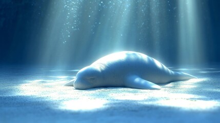 Naklejka premium A close-up shot of a dugong resting on the sandy ocean floor, with gentle sunlight filtering down through the water, illuminating its smooth skin and peaceful demeanor.