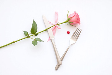 pink rose with a fork and knife on a white table