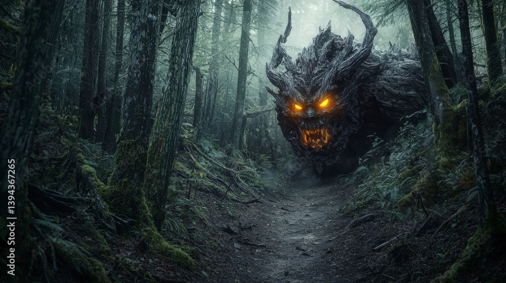 Aufkleber mysterious creature emerges from dense cedar forest path enigmatic landscape fantasy environment dra