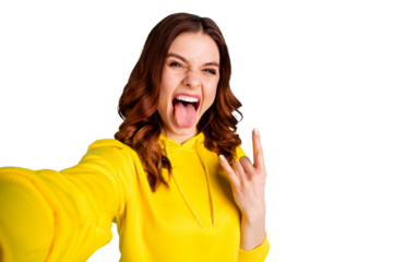 Photo of white curly wavy rude grimacing girl loving listening to heavy metal music taking selfie photographing her madness isolated over teal vivid color background