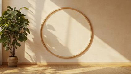 large circular frame casts shadow on beige wall, creating serene atmosphere. Sunlight streams in, highlighting potted plant on wooden floor, adding touch of nature