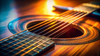 Fototapeta premium Closeup of Vibrating Acoustic Guitar Strings A Shallow Depth of Field Showcase of Musical Resonance