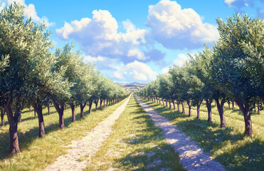Fototapeta premium picturesque vineyard with rows of olive trees stretches into distance under bright blue sky with fluffy clouds, creating serene and peaceful landscape