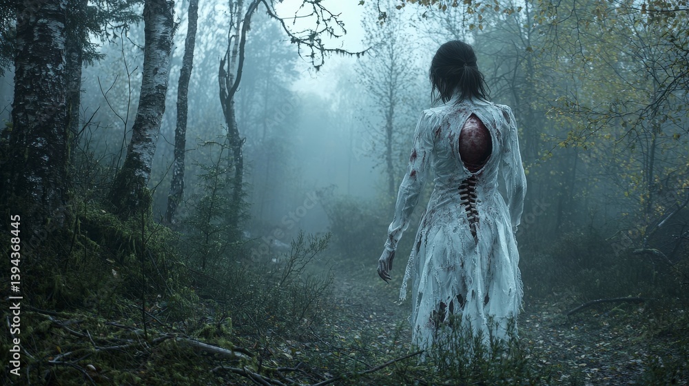 Poster ghostly encounter in a misty forest clearing at dawn haunting atmosphere ethereal landscape enigmati