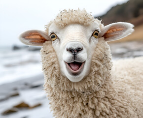 White sheep and lambs graze on the green pasture in the spring countryside