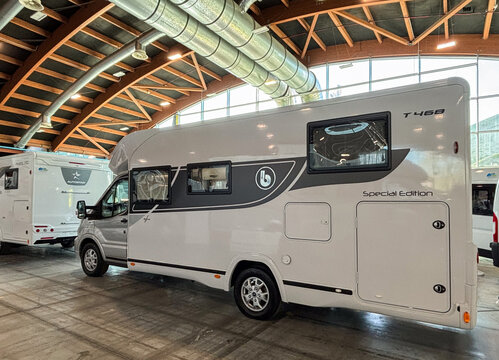 White T 468 Special Edition motorhome displayed at Fiera del Tempolibero 2025 in Udine, Italy