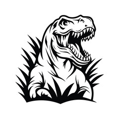 Black and White Tyrannosaurus Rex Head Roaring with Sharp Teeth and Grass Silhouette